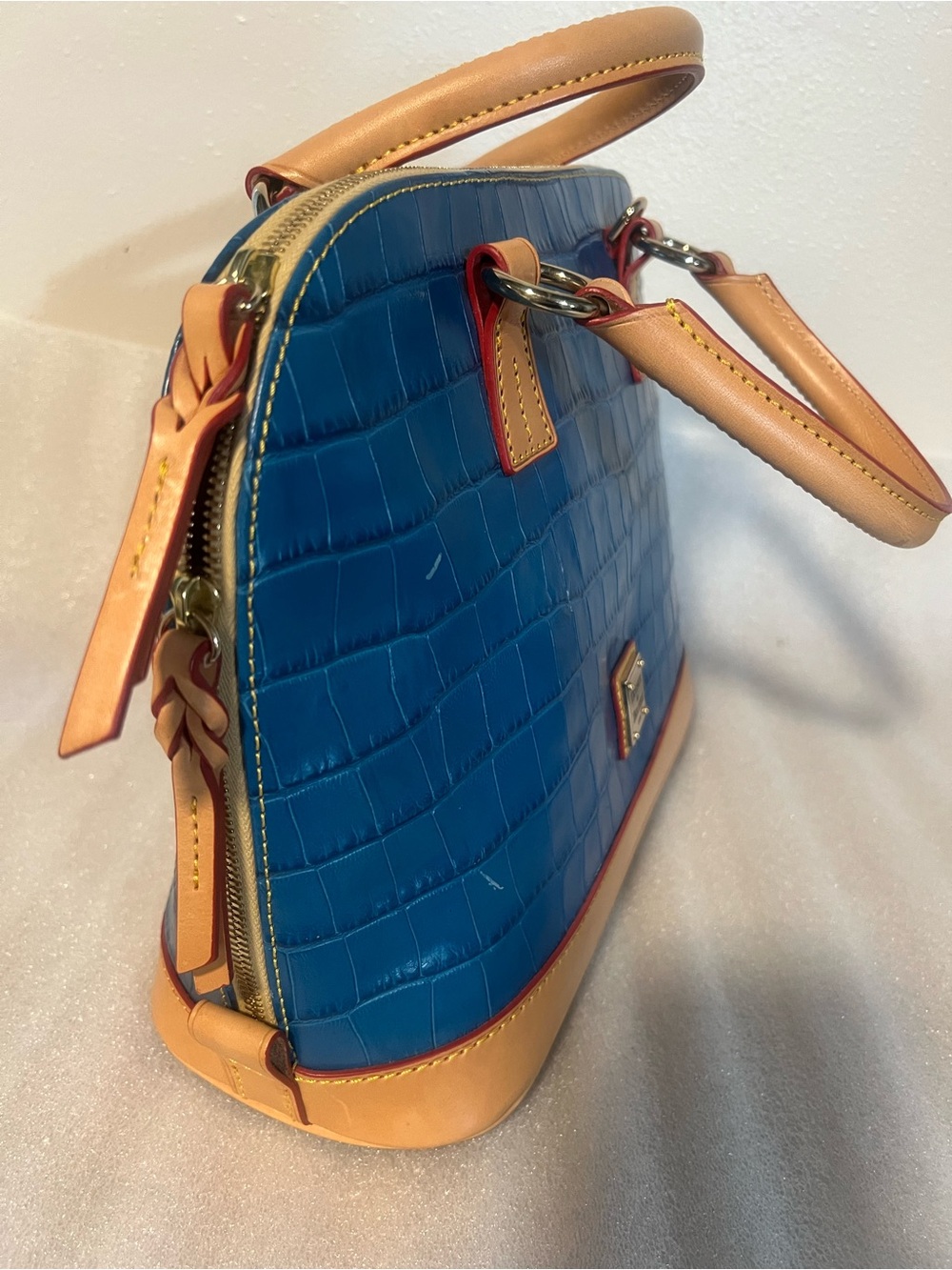Dooney & Bourke Blue Croc-Embossed Tote with Tan Trim - Picture 3 of 10